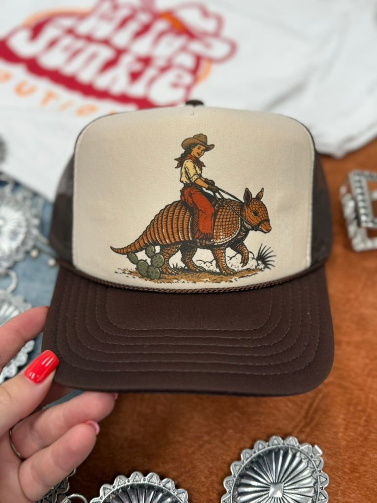 Cowgirl Riding Armadillo Trucker Hat - Rooted & Reckless Co.