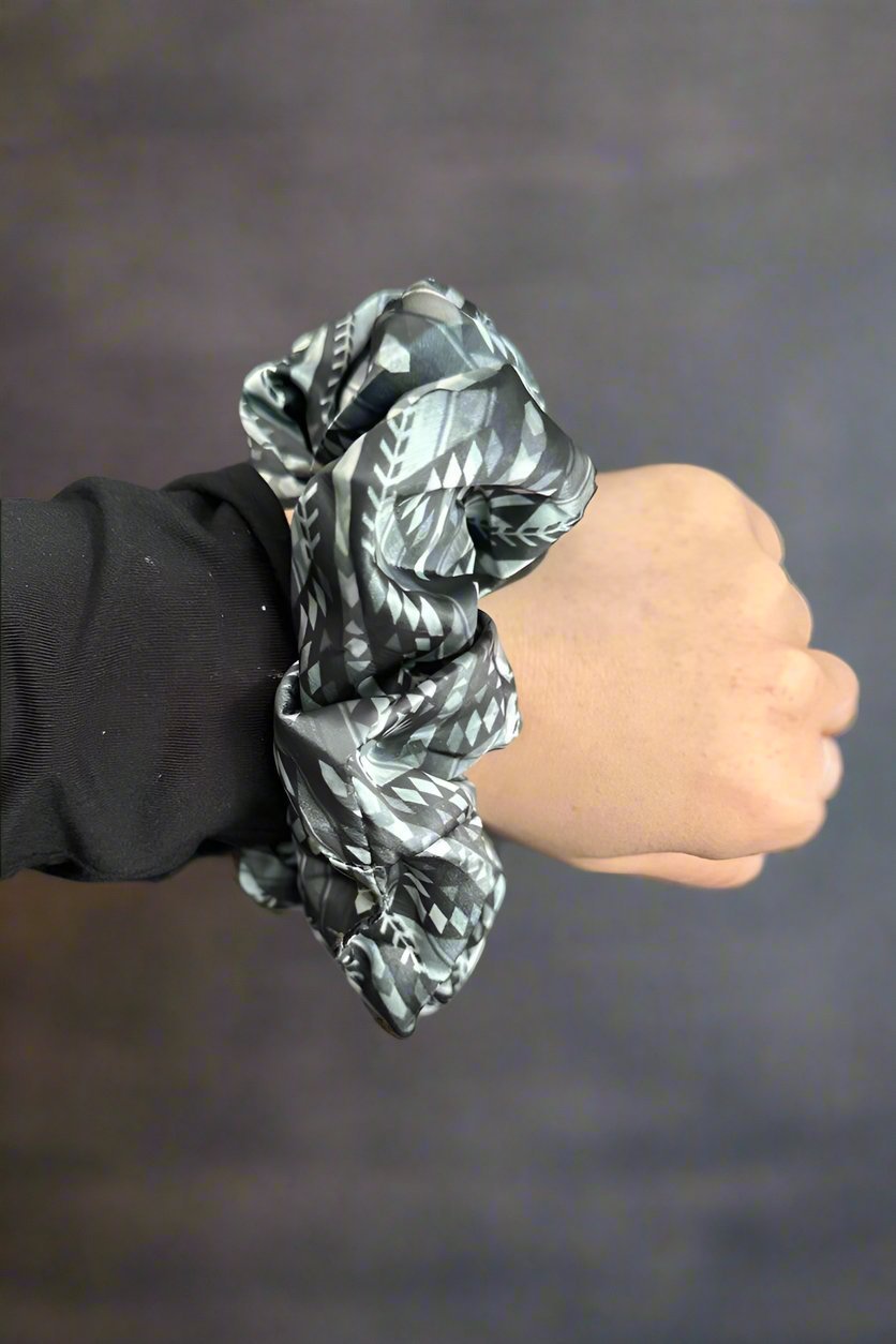 Coyote Call Western Aztec Scrunchie — Sterling Kreek Black, White & Grey Pattern (5" x 1.5") - Rooted & Reckless Co.
