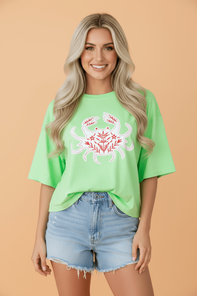 Crab Embroidered Patch Loose Round Neck Tee - Rooted & Reckless Co.