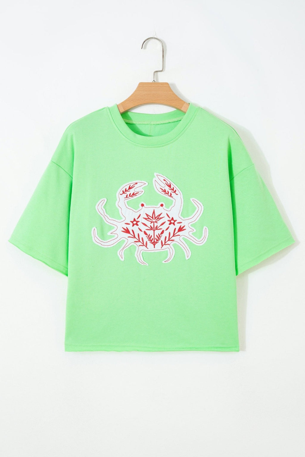 Crab Embroidered Patch Loose Round Neck Tee - Rooted & Reckless Co.