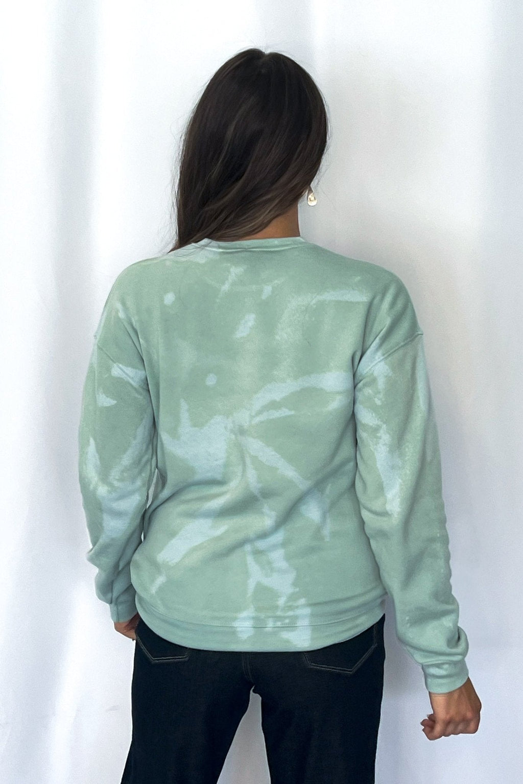 Crazy Consuela "Gold Sequin Horse" Bleached Western Sweatshirt — Bella + Canvas Aqua Sky Background with Cowboy Patch - Rooted & Reckless Co.