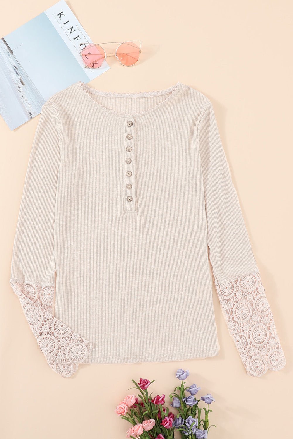 Crochet Lace Hem Sleeve Half-Button Top - Rooted & Reckless Co.