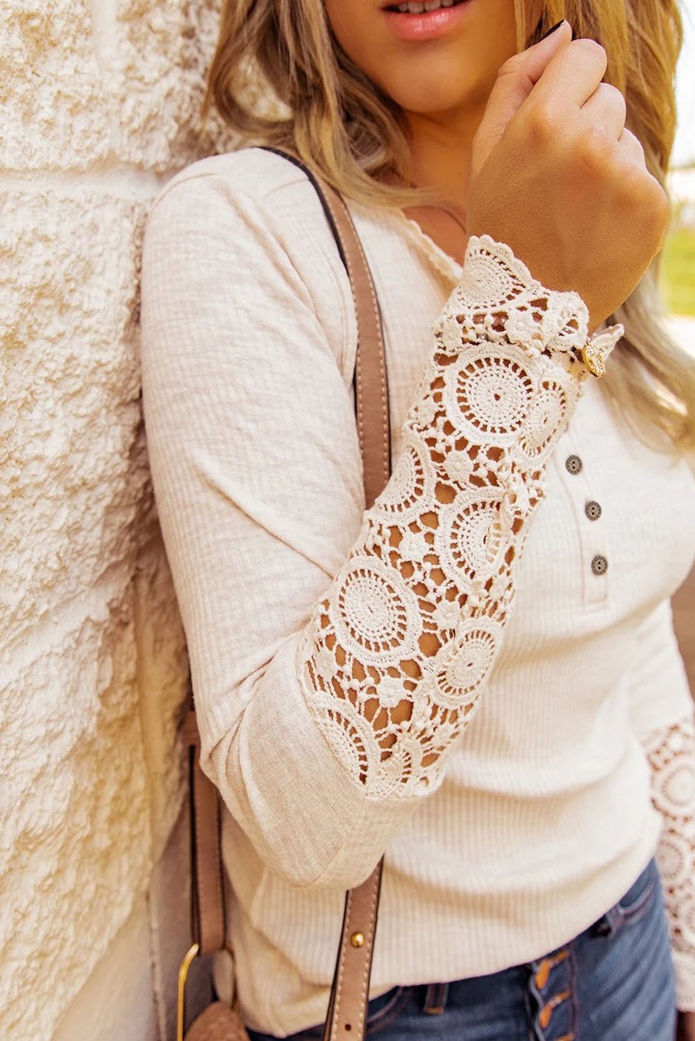 Crochet Lace Hem Sleeve Half-Button Top - Rooted & Reckless Co.