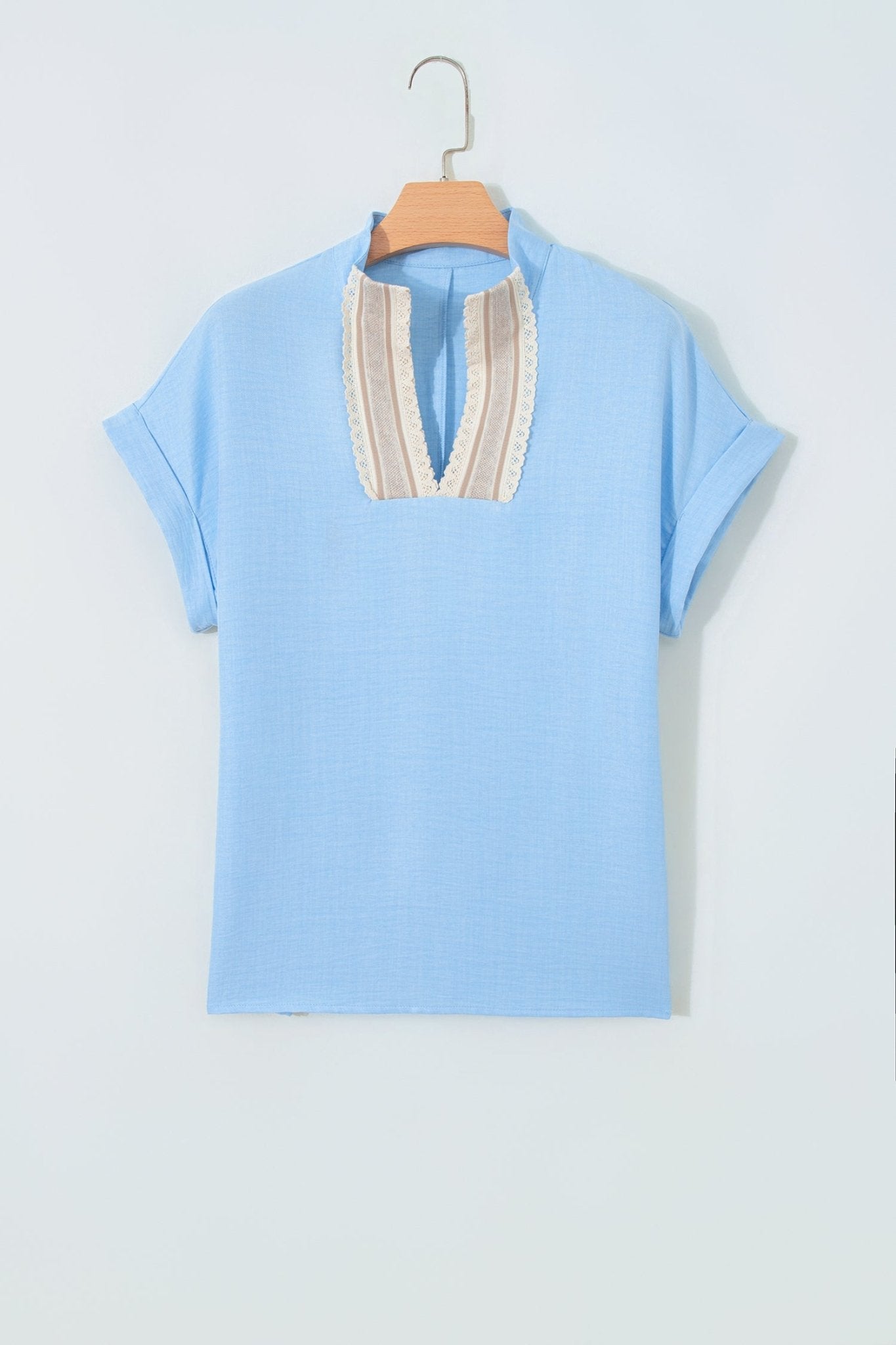 Crochet Lace Trim Rolled Short Sleeve Blouse - Rooted & Reckless Co.