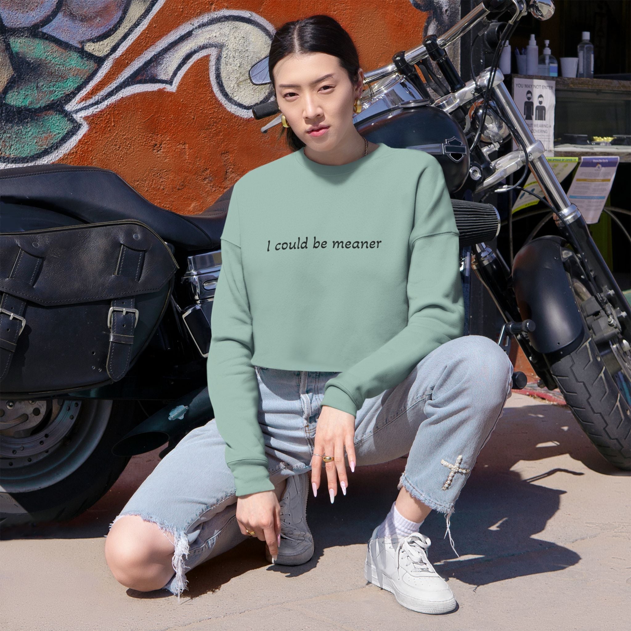 Cropped Sweatshirt — "I Could Be Meaner" Minimalist Rose Crewneck - Rooted & Reckless Co.
