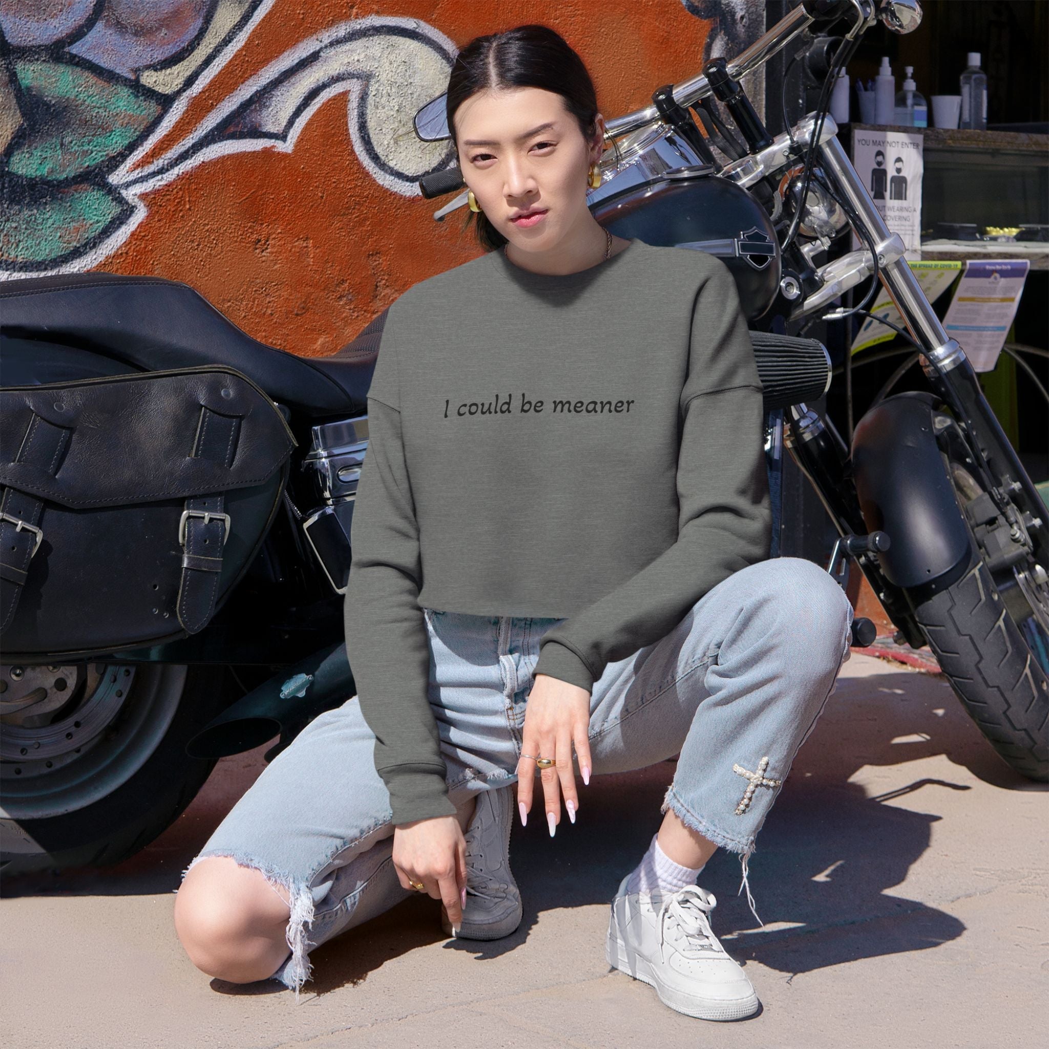 Cropped Sweatshirt — "I Could Be Meaner" Minimalist Rose Crewneck - Rooted & Reckless Co.