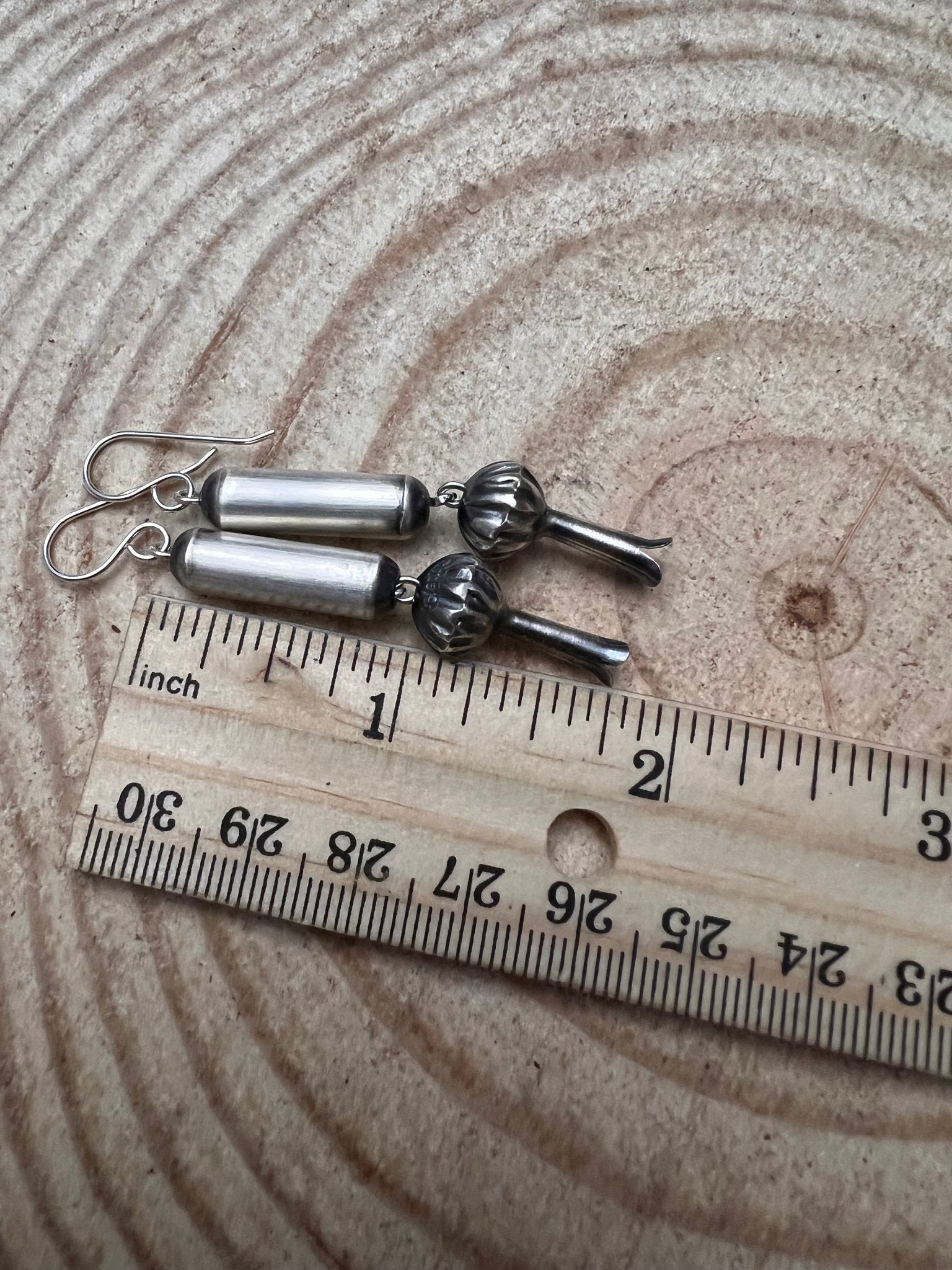 Crystal Hayley Sterling Silver Navajo Barrel & Squash Blossom Dangle Earrings — 1 3/4 inch drop (Handcrafted by Navajo Artist) - Rooted & Reckless Co.