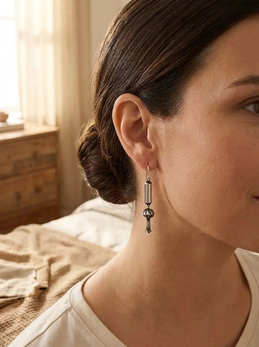 Crystal Hayley Sterling Silver Navajo Barrel & Squash Blossom Dangle Earrings — 1 3/4 inch drop (Handcrafted by Navajo Artist) - Rooted & Reckless Co.