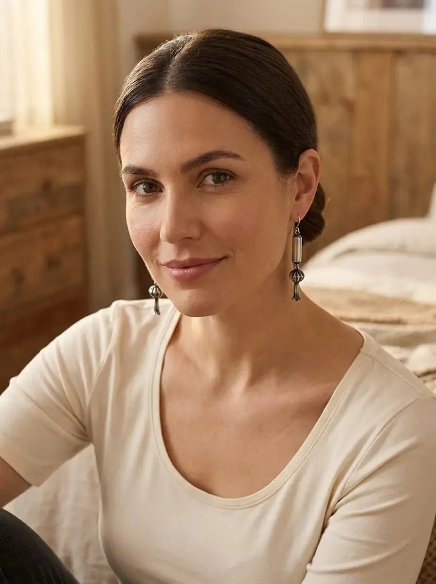 Crystal Hayley Sterling Silver Navajo Barrel & Squash Blossom Dangle Earrings — 1 3/4 inch drop (Handcrafted by Navajo Artist) - Rooted & Reckless Co.