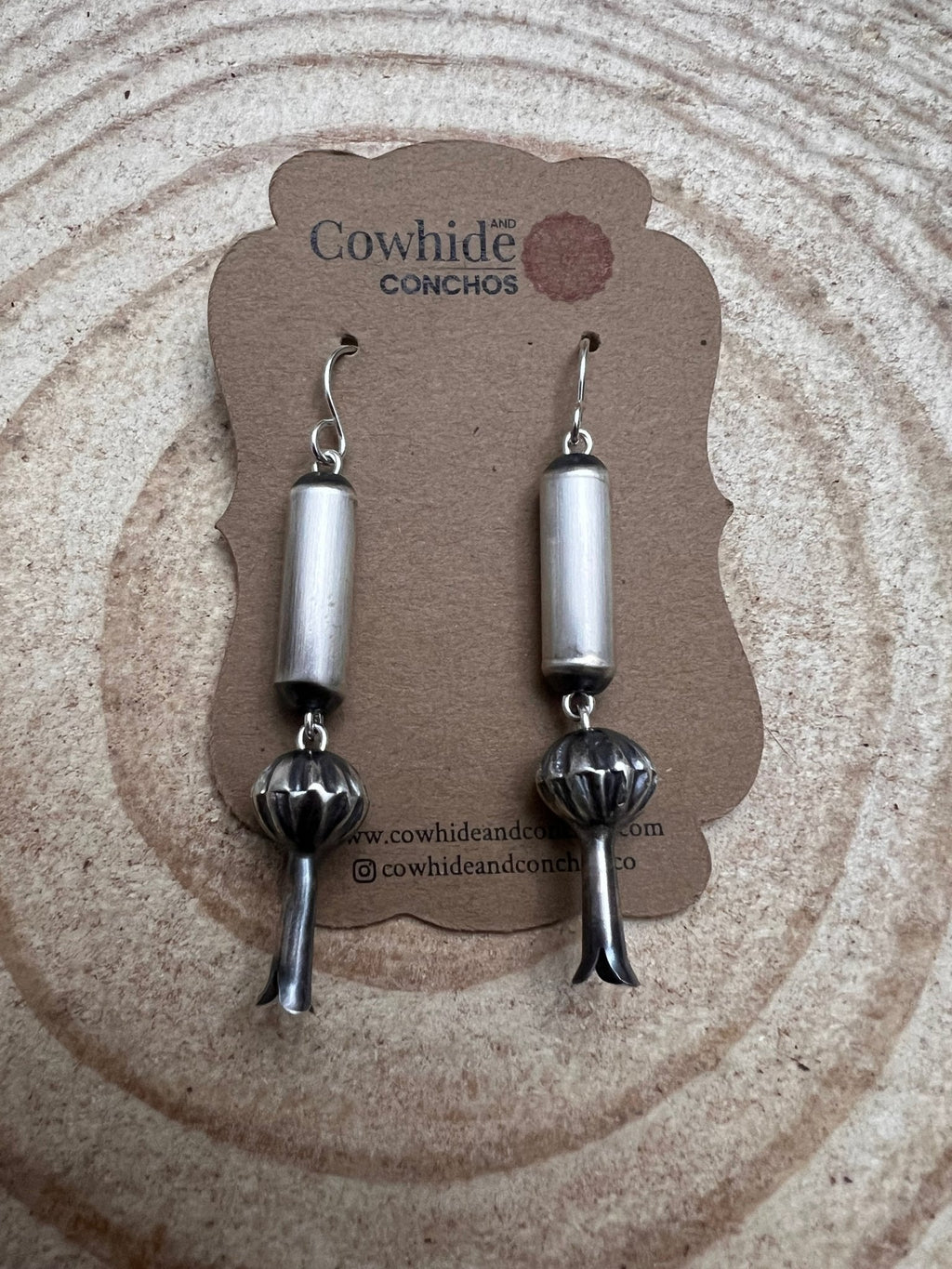 Crystal Hayley Sterling Silver Navajo Barrel & Squash Blossom Dangle Earrings — 1 3/4 inch drop (Handcrafted by Navajo Artist) - Rooted & Reckless Co.