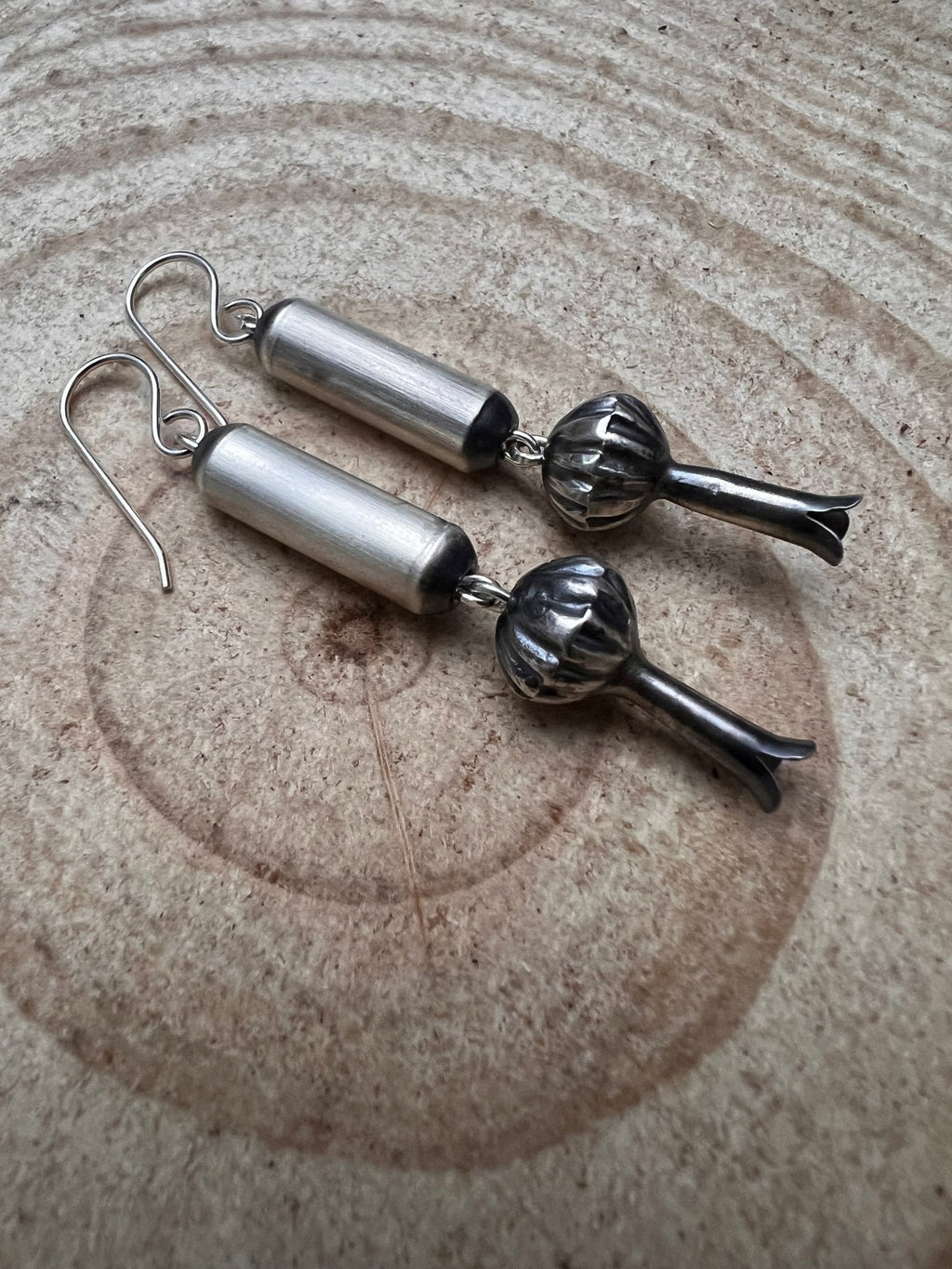 Crystal Hayley Sterling Silver Navajo Barrel & Squash Blossom Dangle Earrings — 1 3/4 inch drop (Handcrafted by Navajo Artist) - Rooted & Reckless Co.