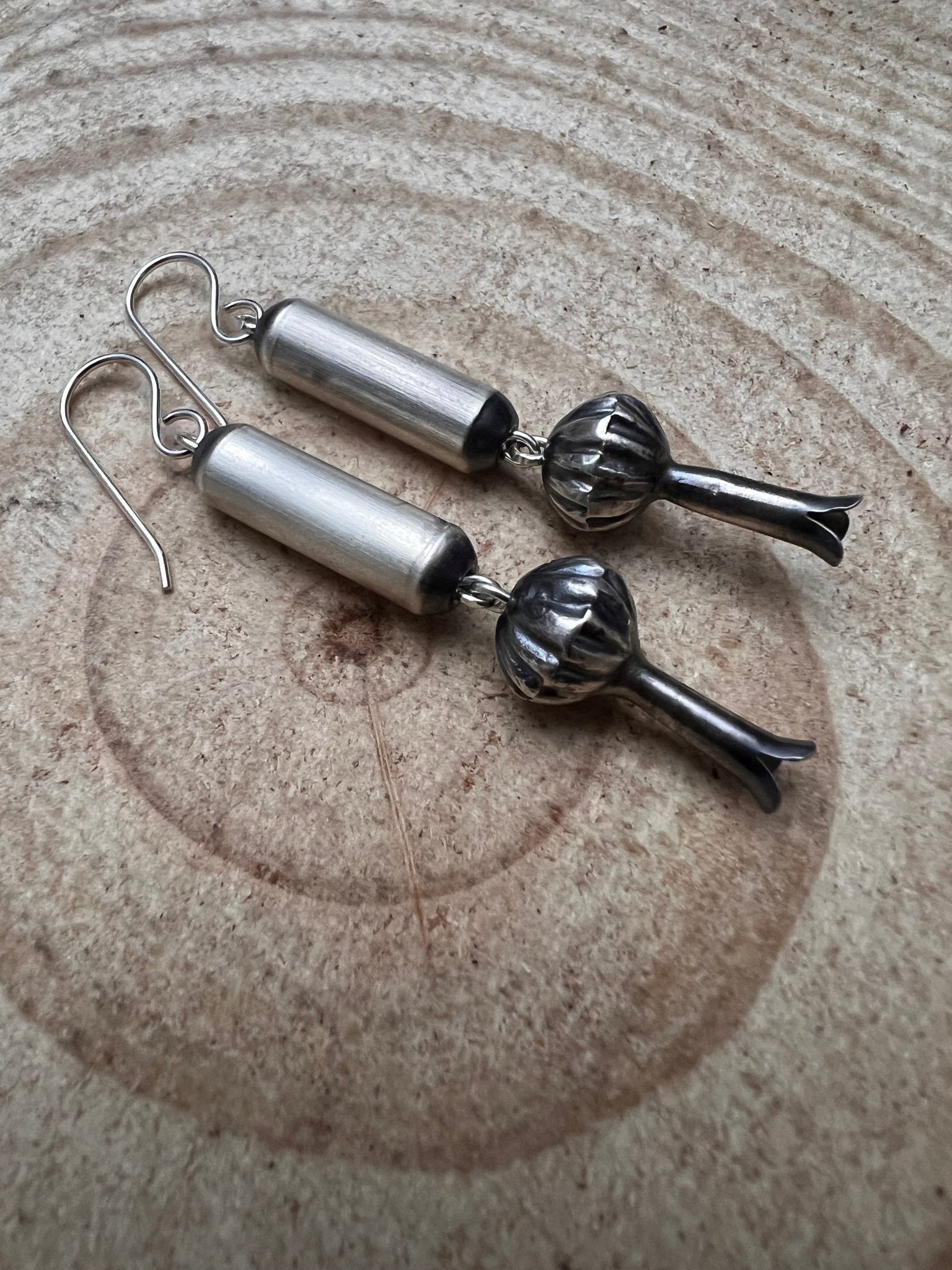 Crystal Hayley Sterling Silver Navajo Barrel & Squash Blossom Dangle Earrings — 1 3/4 inch drop (Handcrafted by Navajo Artist) - Rooted & Reckless Co.