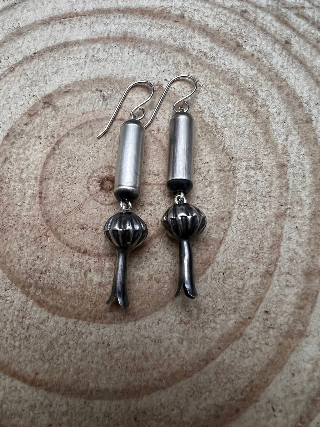 Crystal Hayley Sterling Silver Navajo Barrel & Squash Blossom Dangle Earrings — 1 3/4 inch drop (Handcrafted by Navajo Artist) - Rooted & Reckless Co.
