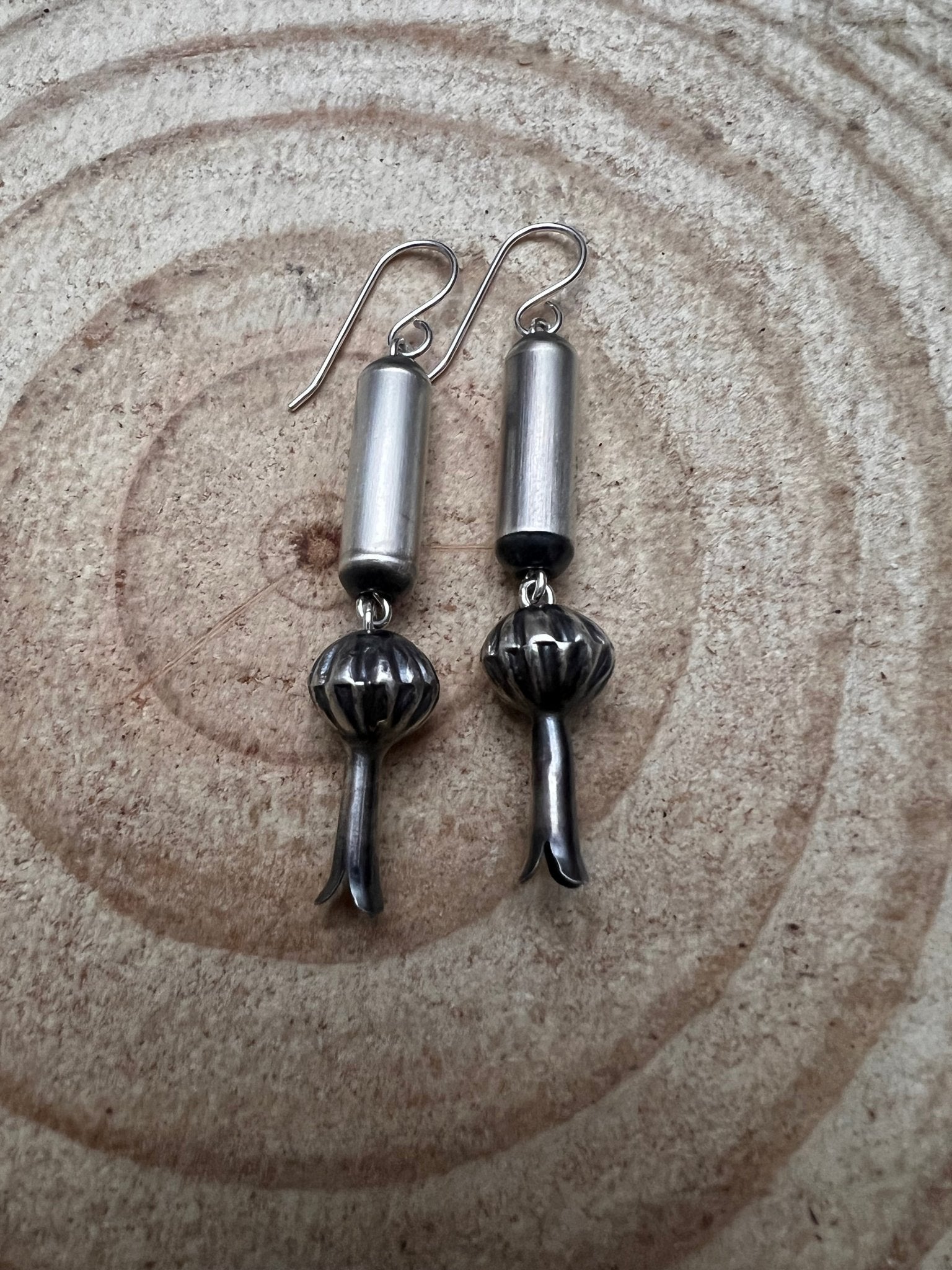 Crystal Hayley Sterling Silver Navajo Barrel & Squash Blossom Dangle Earrings — 1 3/4 inch drop (Handcrafted by Navajo Artist) - Rooted & Reckless Co.