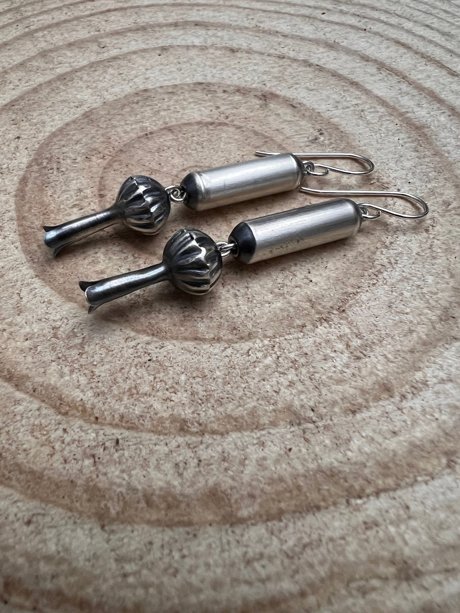 Crystal Hayley Sterling Silver Navajo Barrel & Squash Blossom Dangle Earrings — 1 3/4 inch drop (Handcrafted by Navajo Artist) - Rooted & Reckless Co.