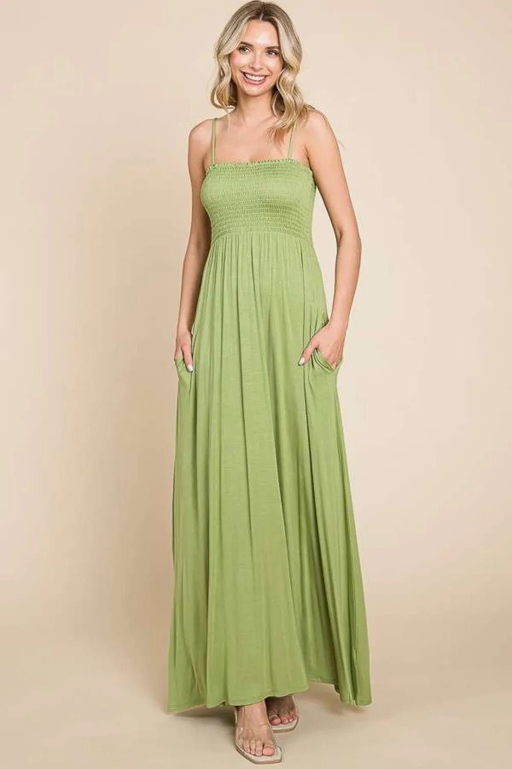 Culture Code Full Size Smocked Cami Maxi Dress with Pockets - Rooted & Reckless Co.
