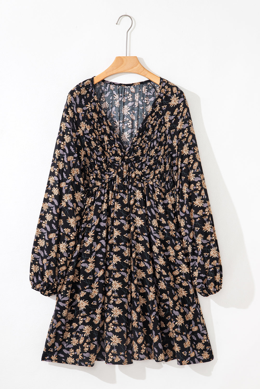 Floral Smocked V-Neck Bubble Sleeve Babydoll Dress