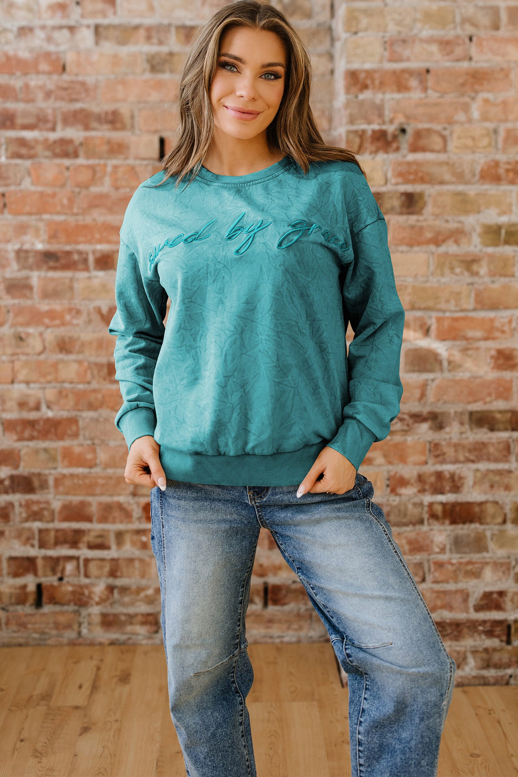 Saved by Grace Embroidered Mineral Wash Loose Sweatshirt