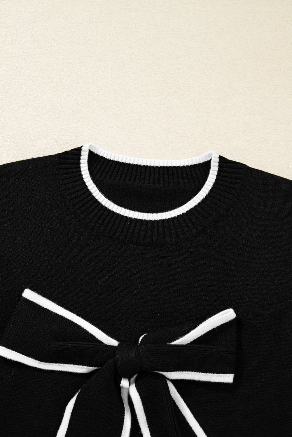 Bow Tie Contrast Trim Cropped Sweater