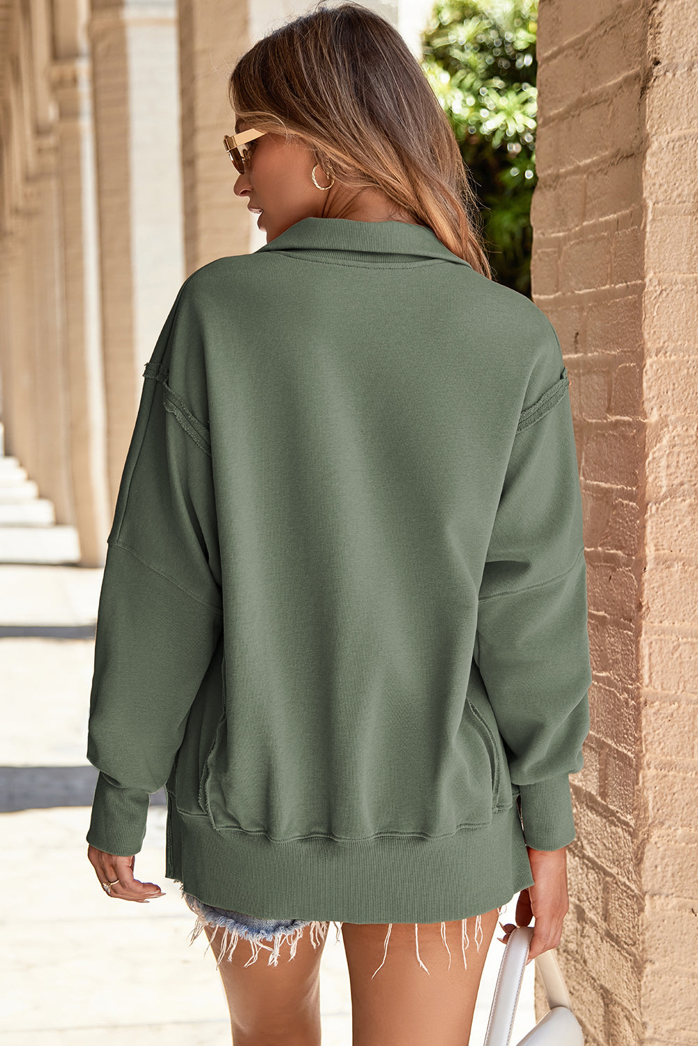 Solid Collared Drop Shoulder Side Slit Sweatshirt