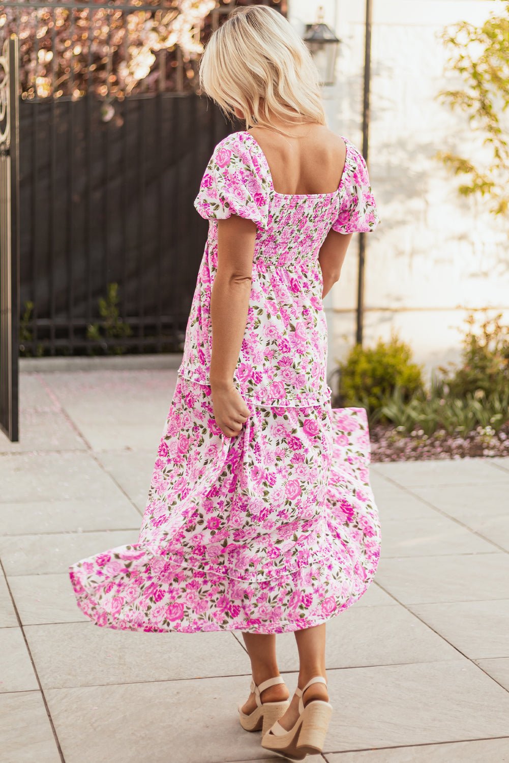 Dainty Floral Smocked Puff Sleeve Flowy Maxi Dress - Rooted & Reckless Co.