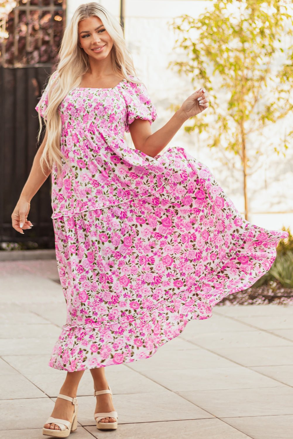 Dainty Floral Smocked Puff Sleeve Flowy Maxi Dress - Rooted & Reckless Co.