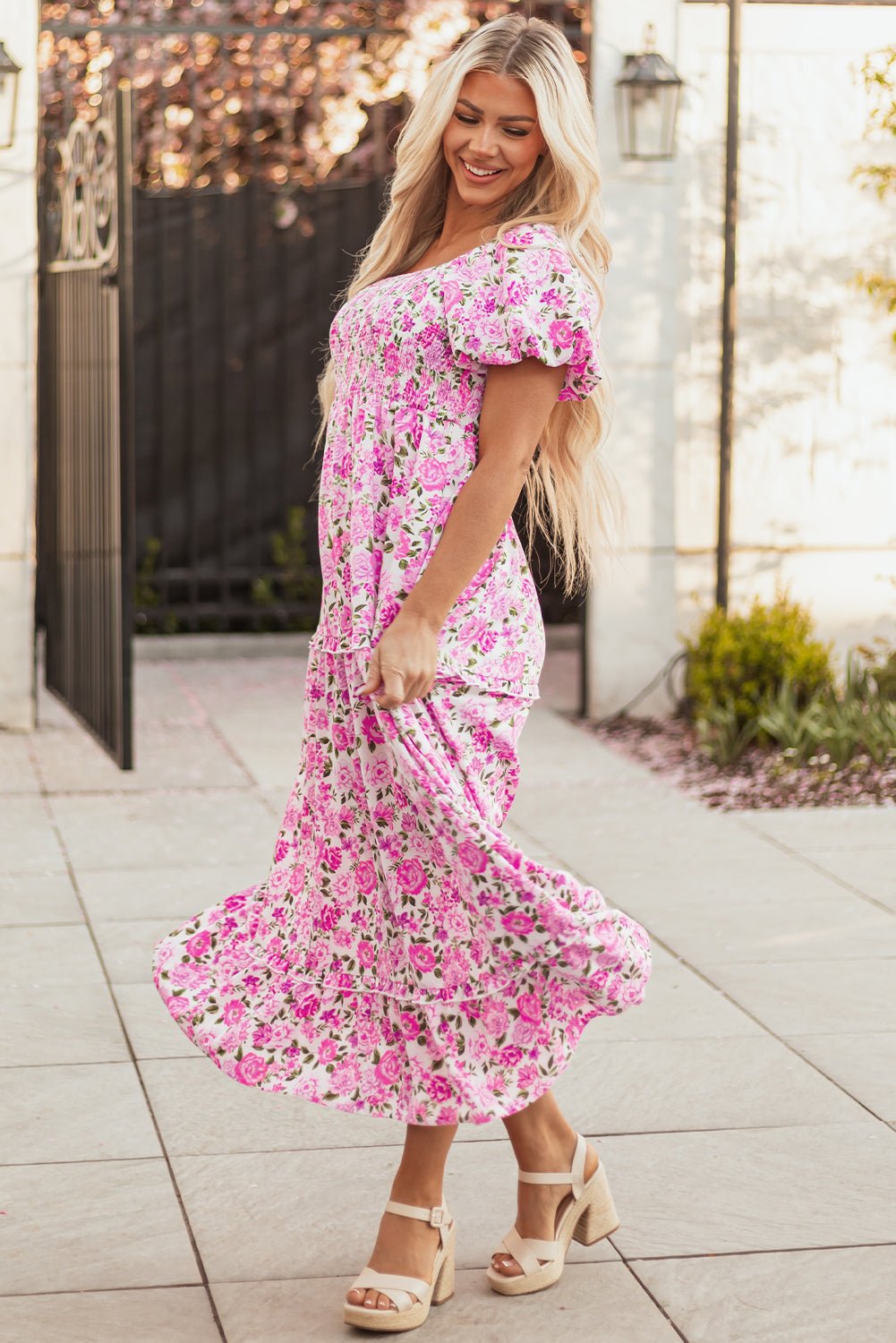 Dainty Floral Smocked Puff Sleeve Flowy Maxi Dress - Rooted & Reckless Co.