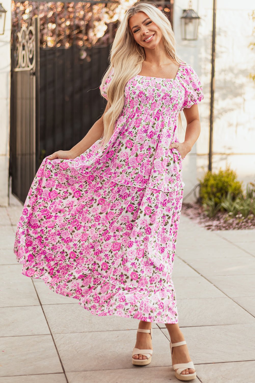 Dainty Floral Smocked Puff Sleeve Flowy Maxi Dress - Rooted & Reckless Co.
