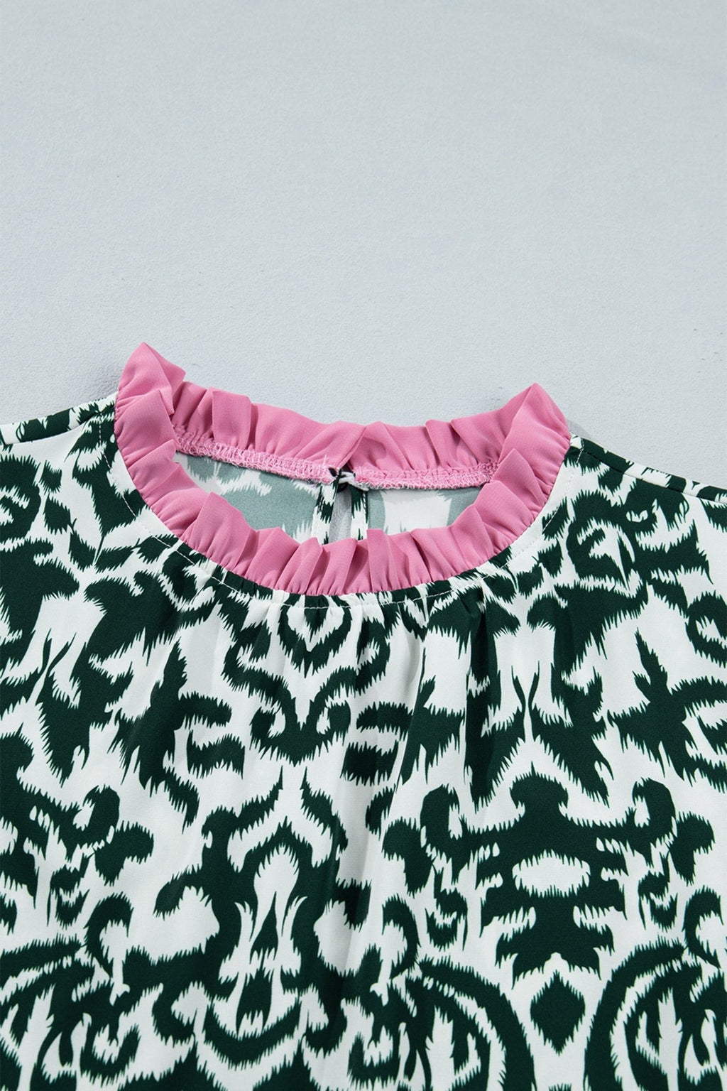 Damask Colorblock Ruffle Trim Short Sleeve Blouse - Rooted & Reckless Co.