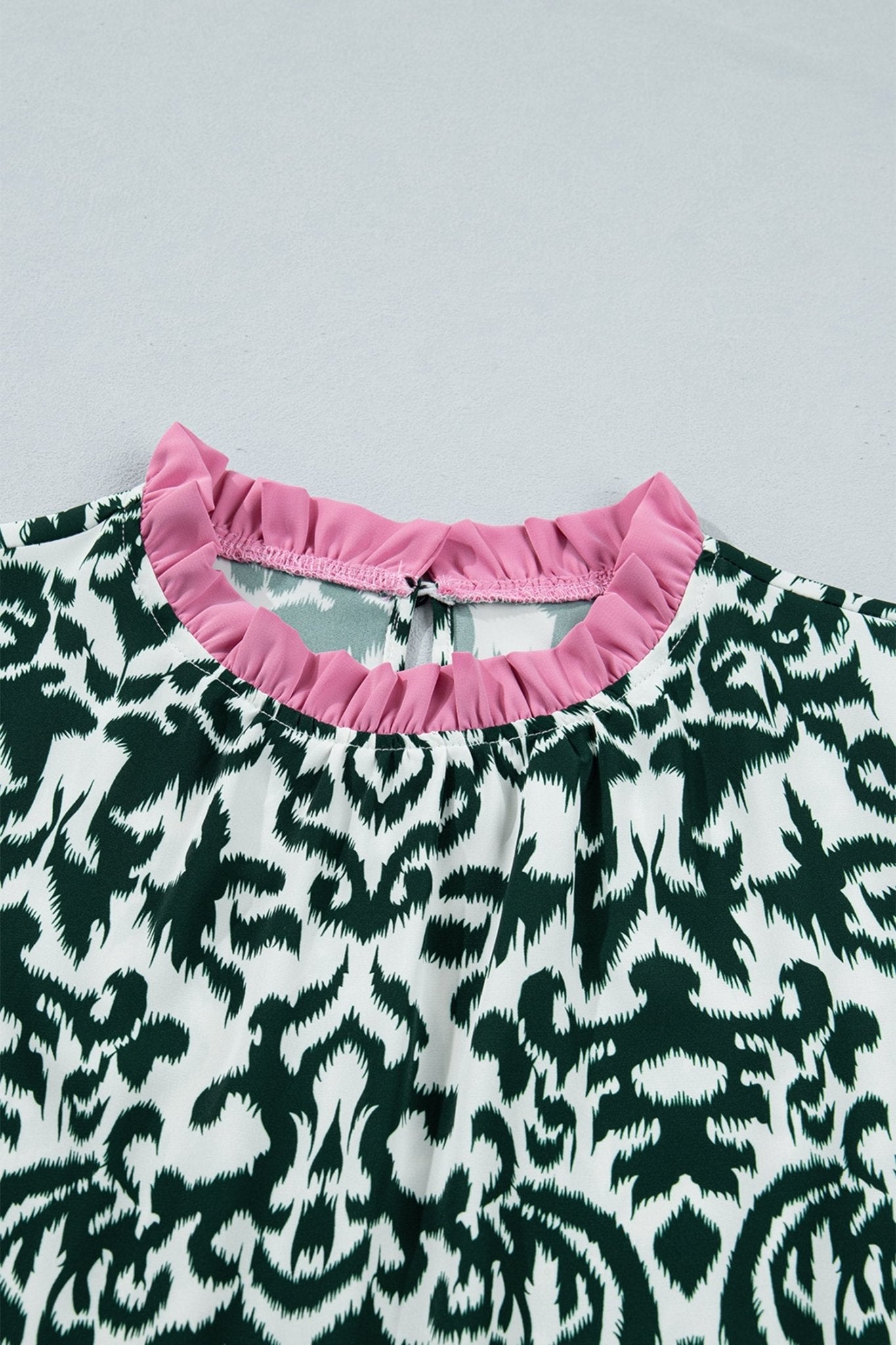 Damask Colorblock Ruffle Trim Short Sleeve Blouse - Rooted & Reckless Co.