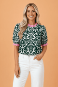 Damask Colorblock Ruffle Trim Short Sleeve Blouse - Rooted & Reckless Co.