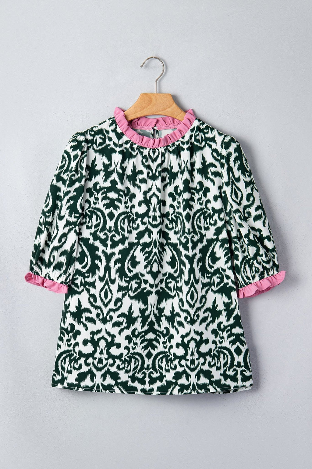 Damask Colorblock Ruffle Trim Short Sleeve Blouse - Rooted & Reckless Co.