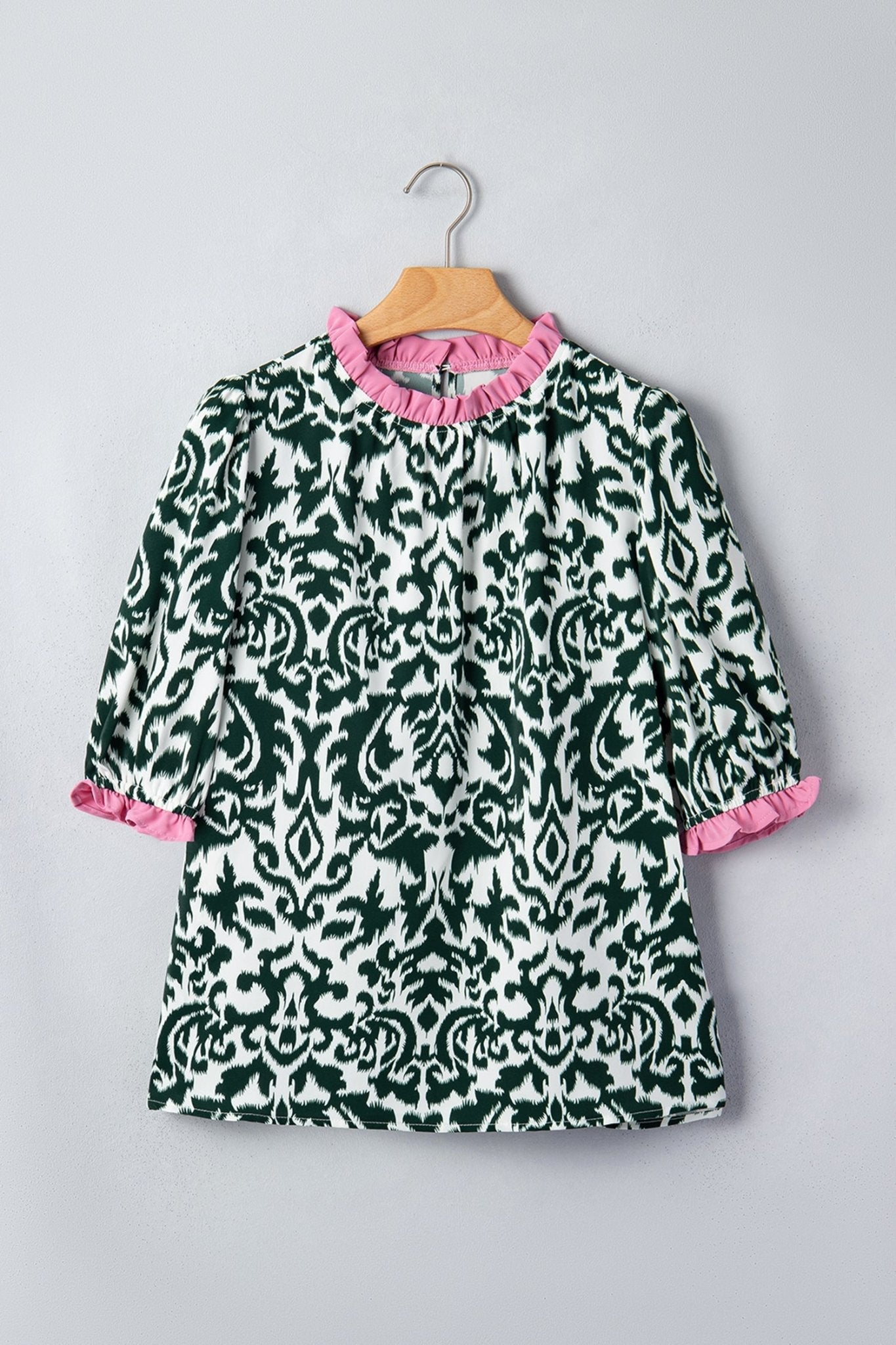Damask Colorblock Ruffle Trim Short Sleeve Blouse - Rooted & Reckless Co.