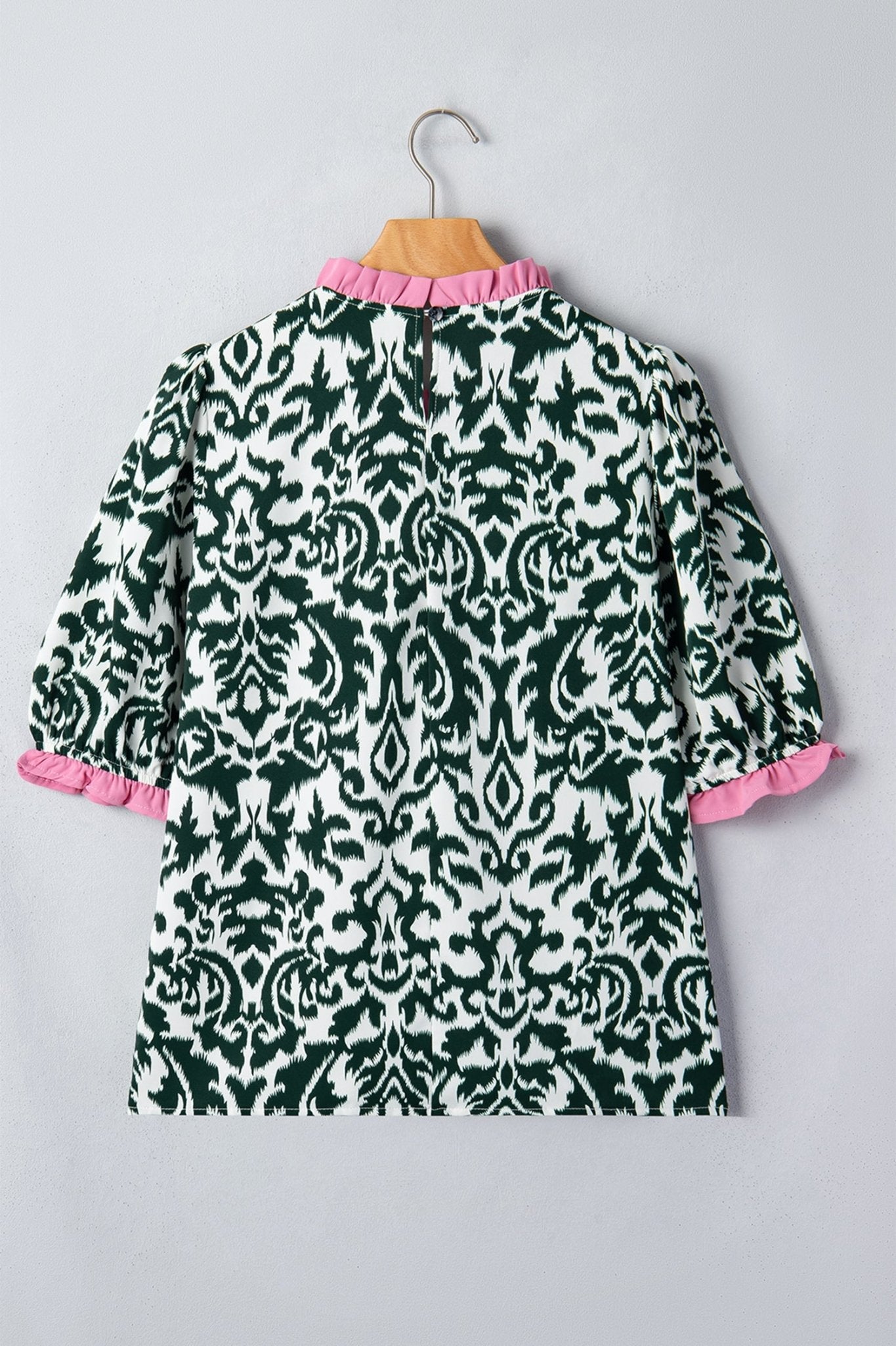 Damask Colorblock Ruffle Trim Short Sleeve Blouse - Rooted & Reckless Co.