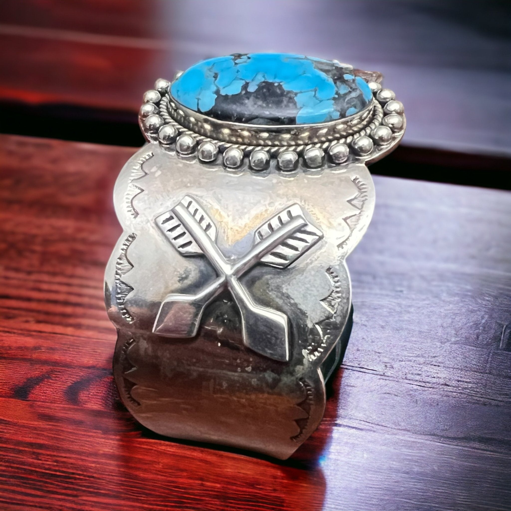 Dan Dodson Legacy Stamped Suncup Blue Kingman Turquoise Hand-Stamped Cuff — 1 1/2" Wide - Rooted & Reckless Co.