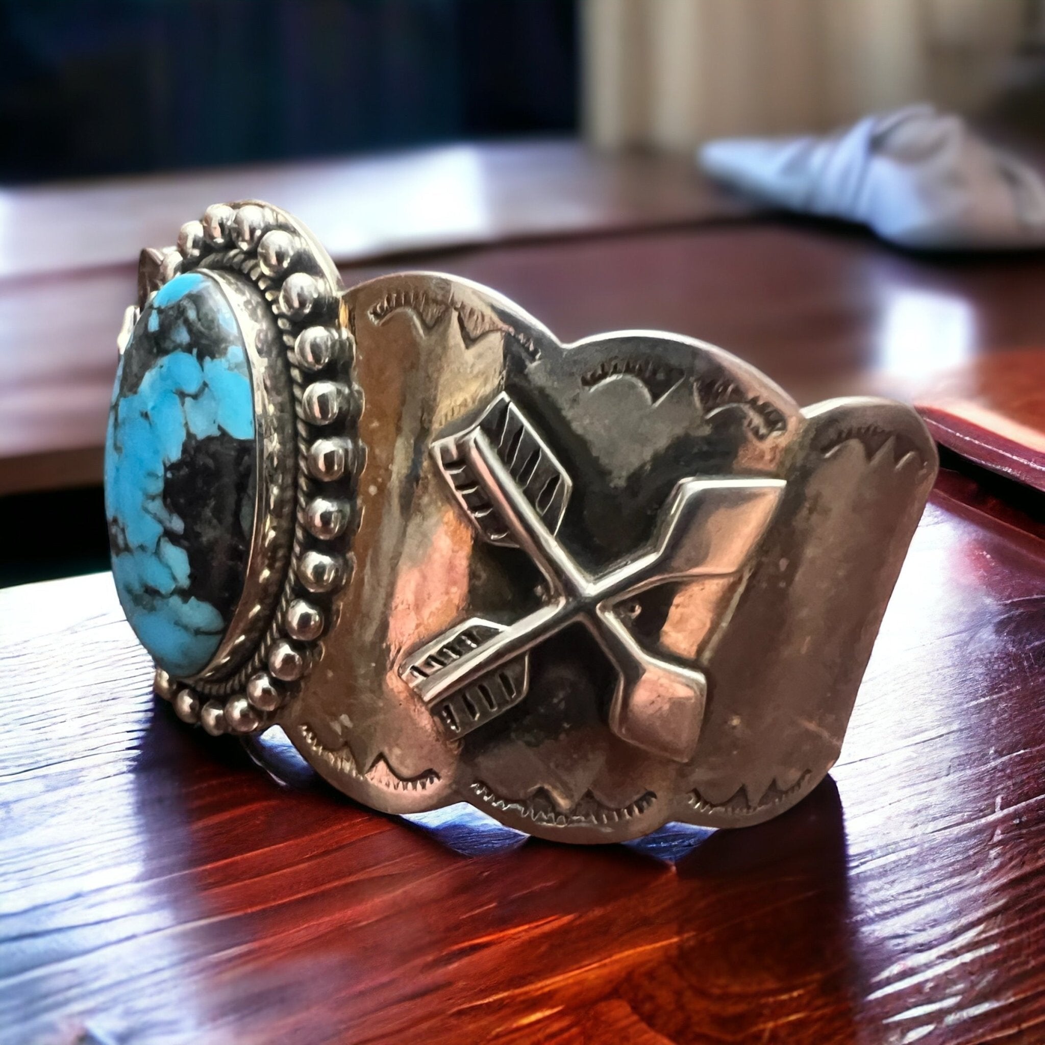 Dan Dodson Legacy Stamped Suncup Blue Kingman Turquoise Hand-Stamped Cuff — 1 1/2" Wide - Rooted & Reckless Co.