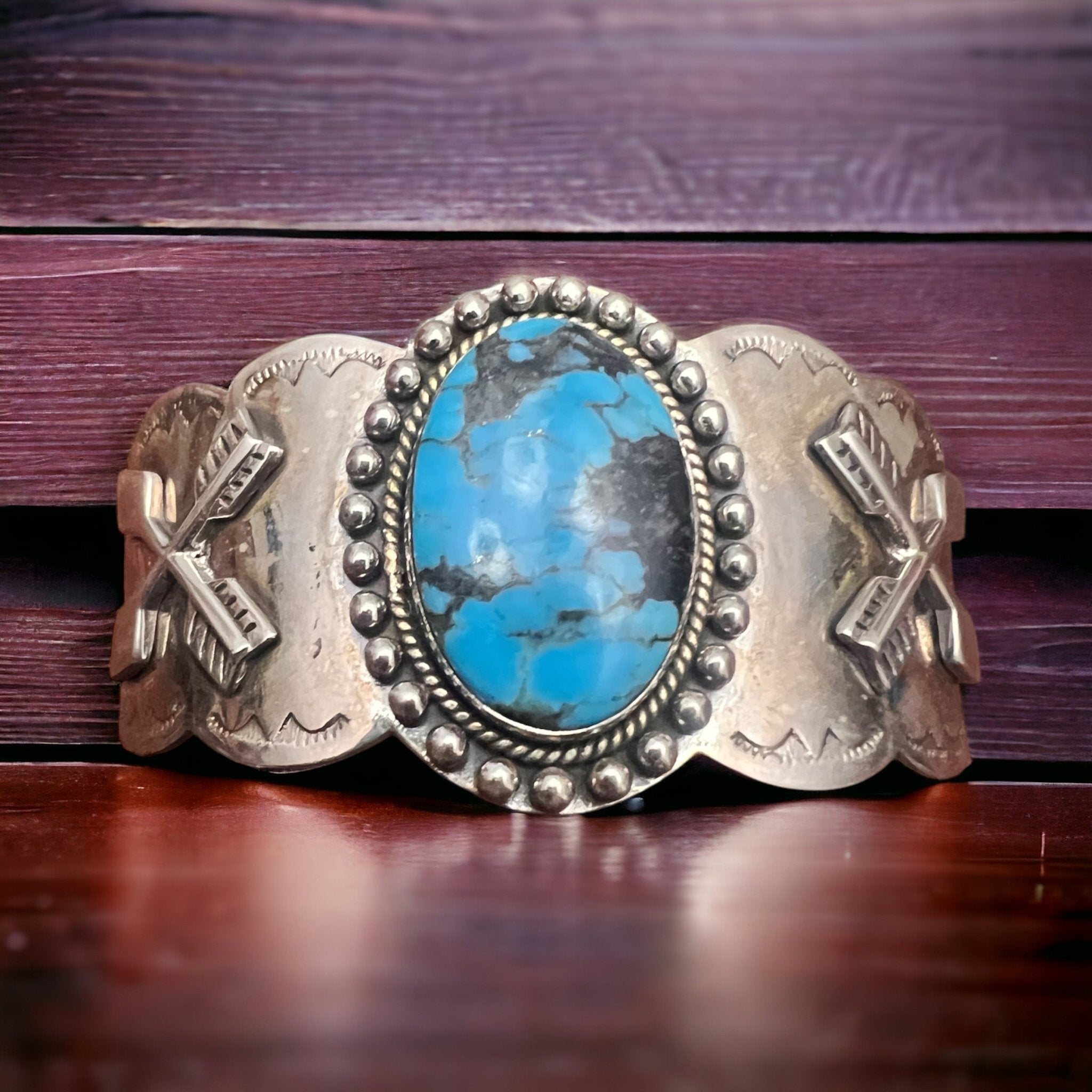 Dan Dodson Legacy Stamped Suncup Blue Kingman Turquoise Hand-Stamped Cuff — 1 1/2" Wide - Rooted & Reckless Co.