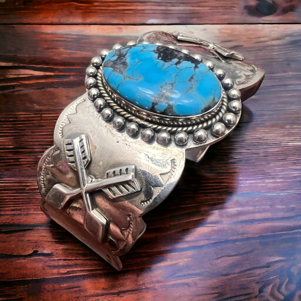 Dan Dodson Legacy Stamped Suncup Blue Kingman Turquoise Hand-Stamped Cuff — 1 1/2" Wide - Rooted & Reckless Co.