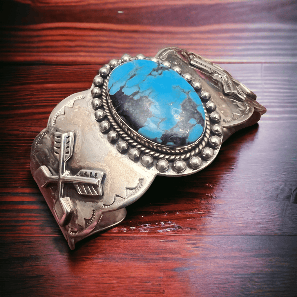 Dan Dodson Legacy Stamped Suncup Blue Kingman Turquoise Hand-Stamped Cuff — 1 1/2" Wide - Rooted & Reckless Co.