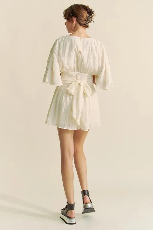 Davi & Dani Batwing Sleeve Waist Belt Romper - Rooted & Reckless Co.