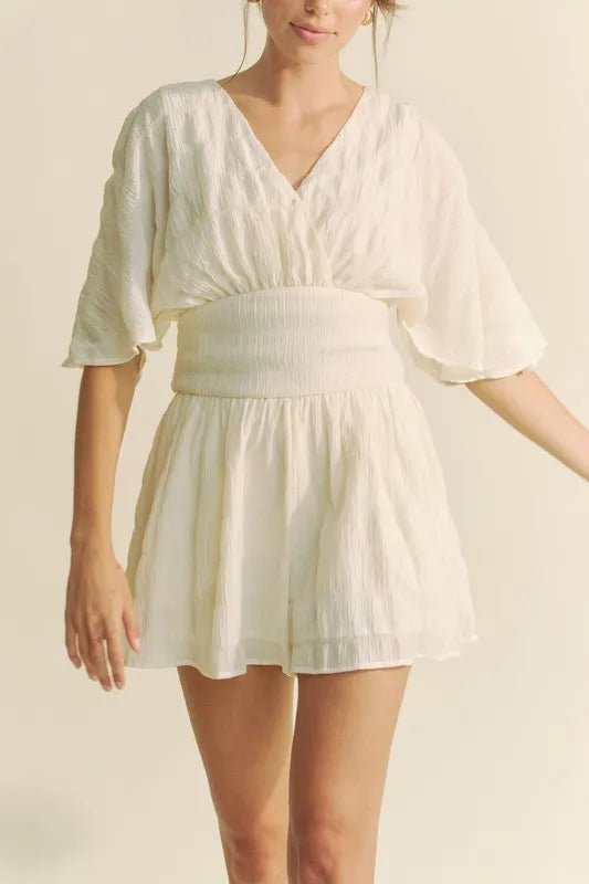 Davi & Dani Batwing Sleeve Waist Belt Romper - Rooted & Reckless Co.