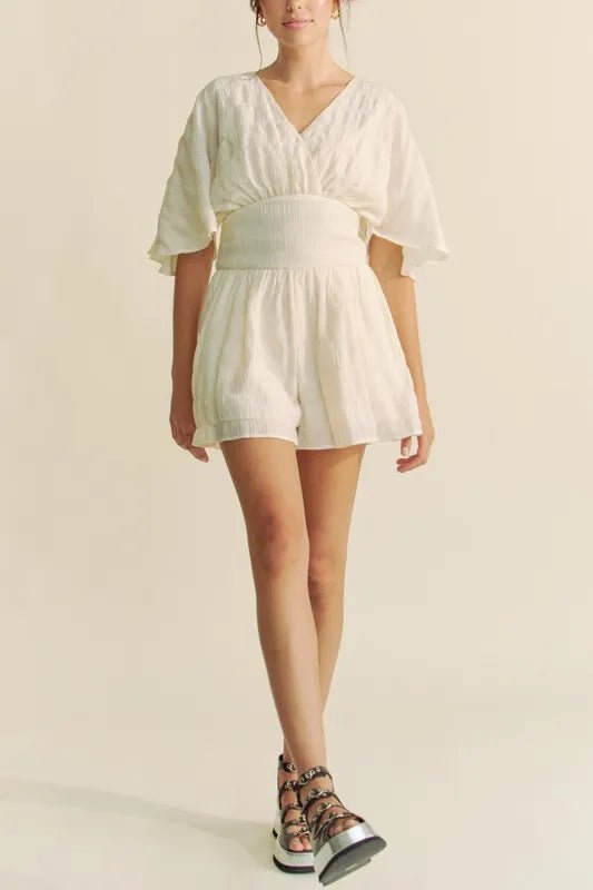 Davi & Dani Batwing Sleeve Waist Belt Romper - Rooted & Reckless Co.