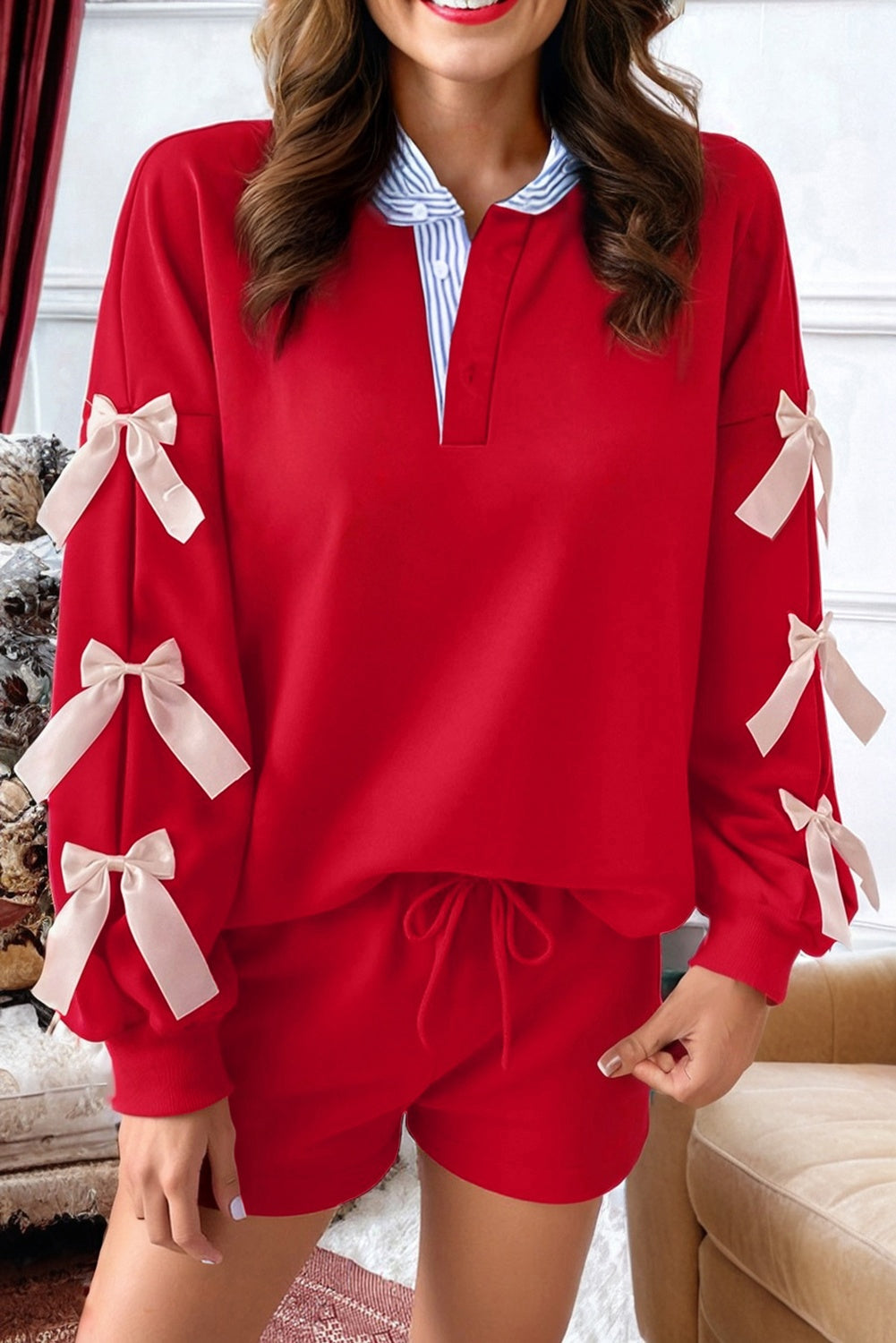 Stripe Collar Bow Tie Sweatshirt and Shorts Set