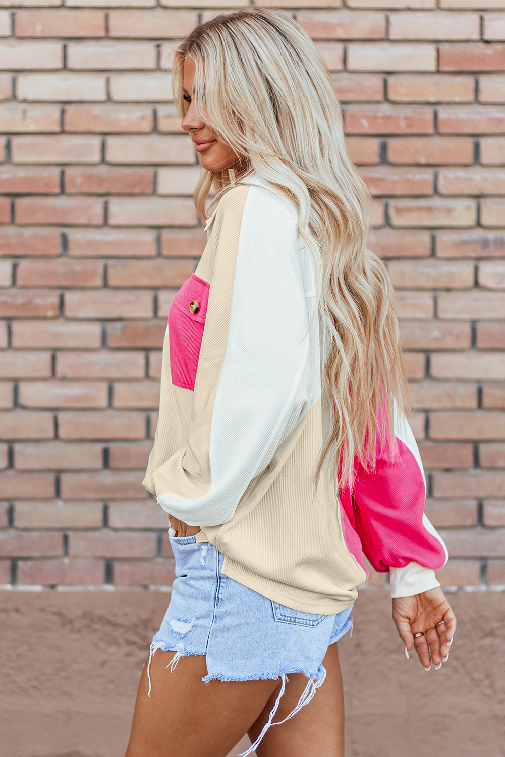 Colorblock Collared Ribbed Patchwork Pocketed Sweatshirt