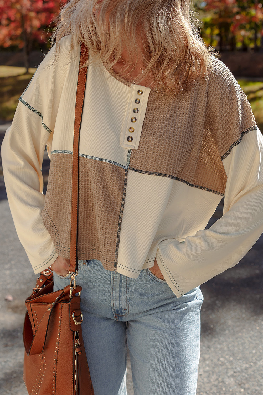Colorblock Waffle Knit Long Sleeve Top