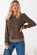 Leopard Ribbed Trim Long Sleeve Top