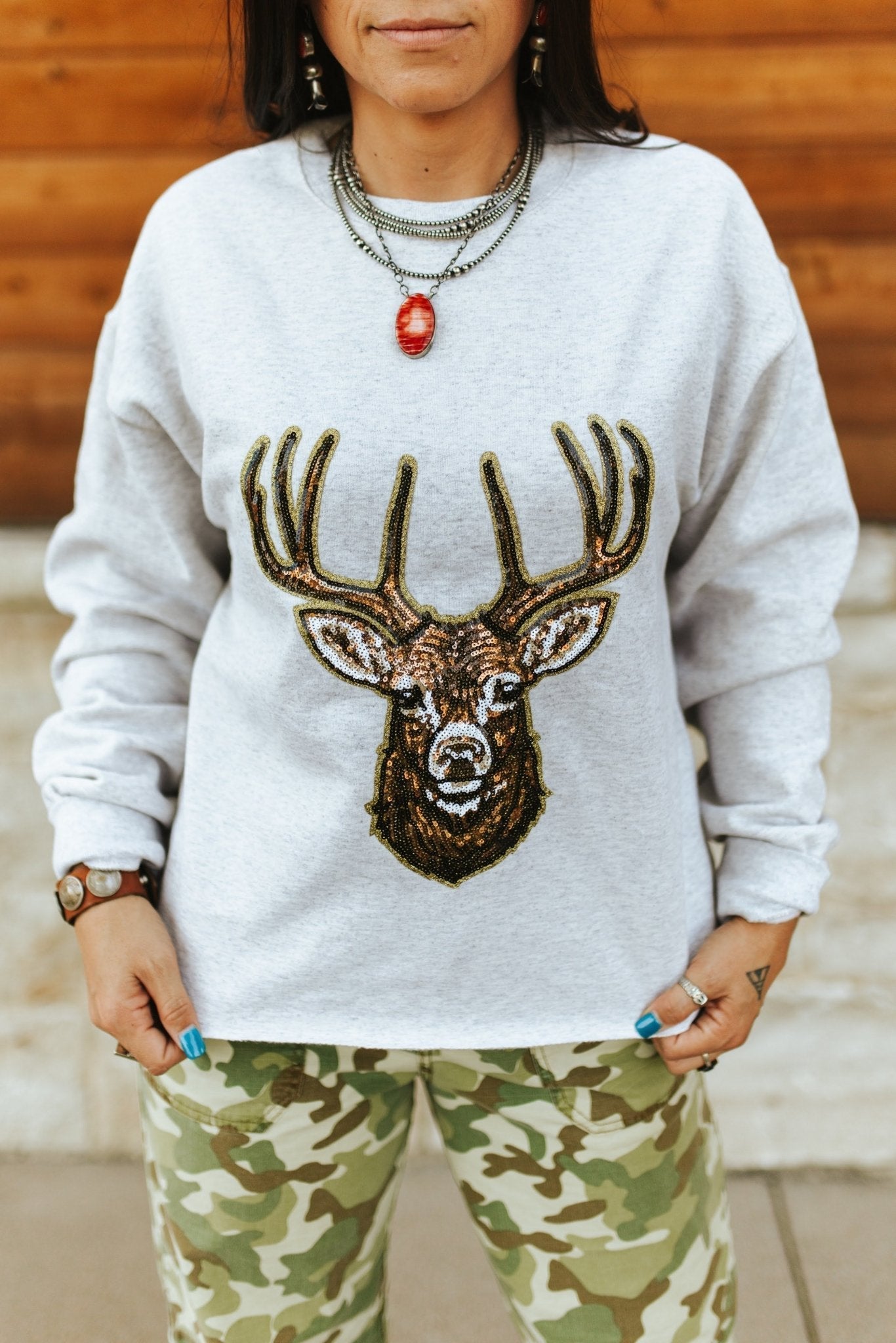 Deer Hunting Sequin Patch Sweatshirt - Rooted & Reckless Co.