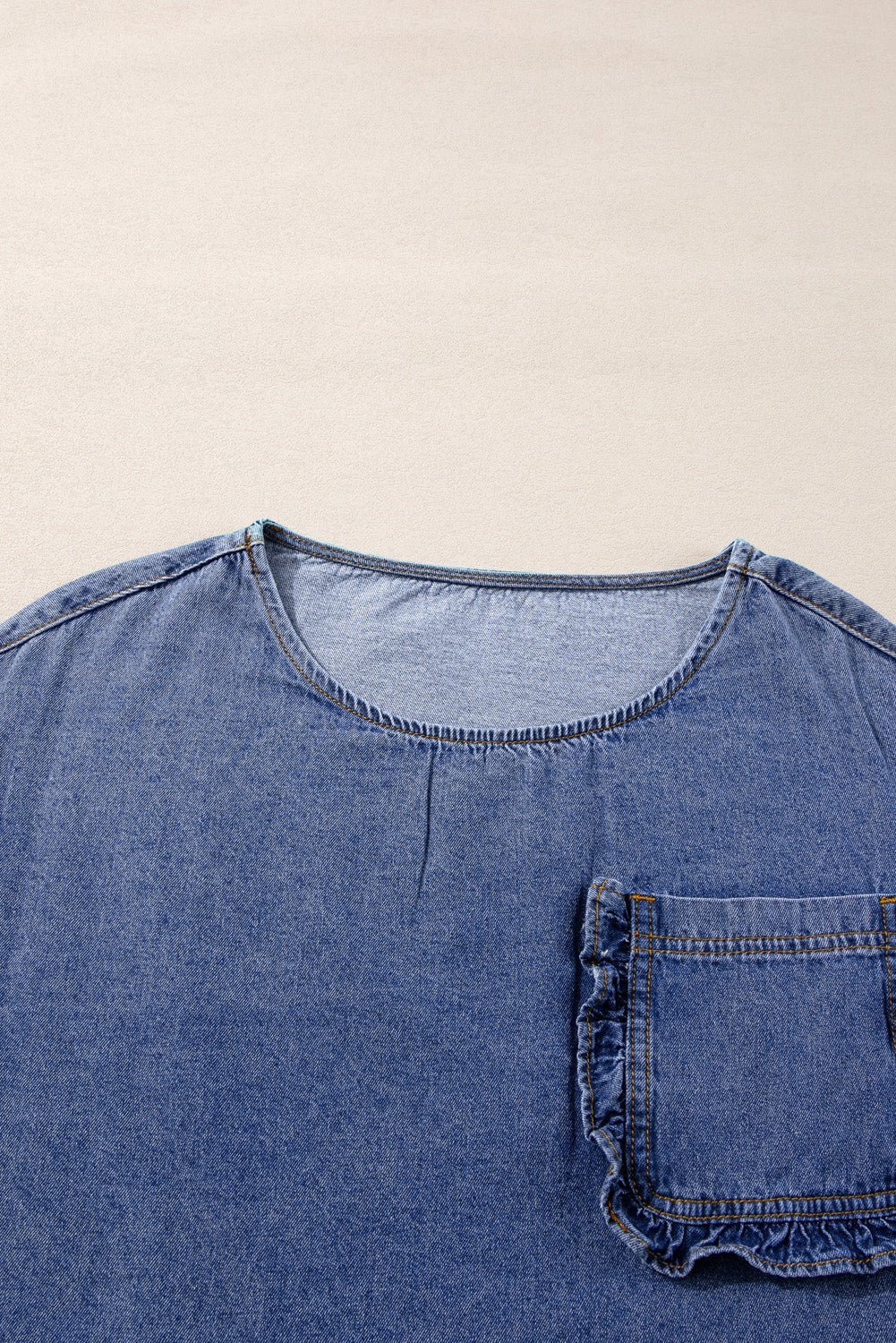 Denim 3/4 Sleeve Ruffle Patch Pocket Blouse - Rooted & Reckless Co.