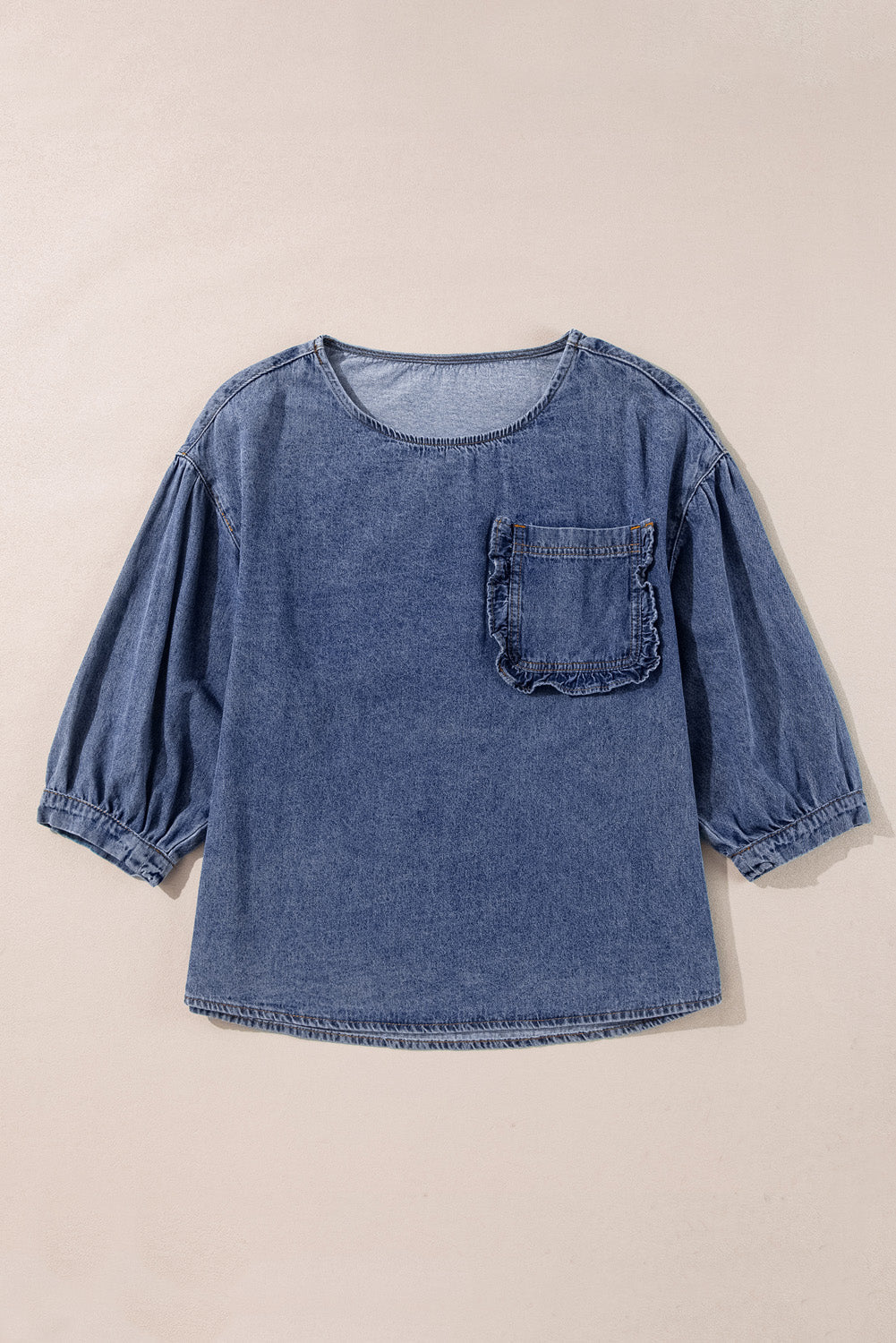 Denim 3/4 Sleeve Ruffle Patch Pocket Blouse - Rooted & Reckless Co.