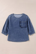 Denim 3/4 Sleeve Ruffle Patch Pocket Blouse - Rooted & Reckless Co.